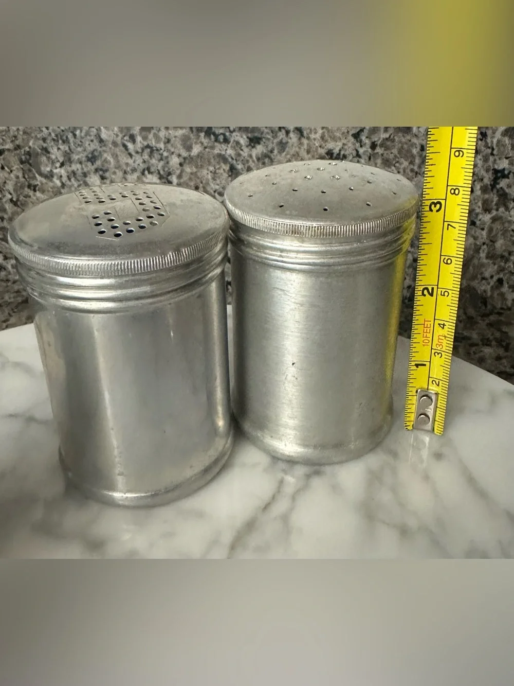 2 Sets- Vintage 1950s Rustic Aluminum Salt & Pepper and Salt & Sugar Shakers